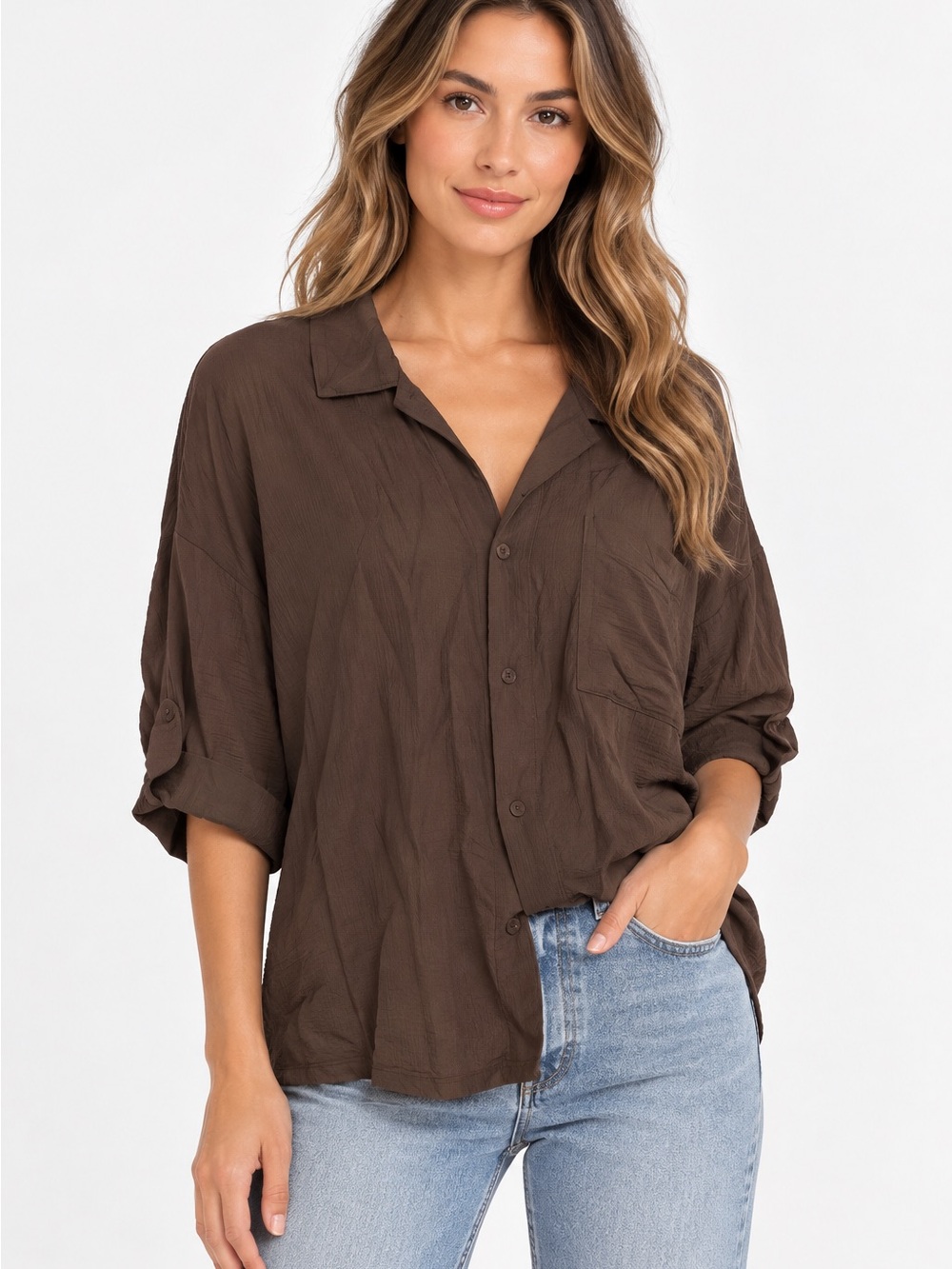 39. Open edit • NWT Relaxed Button-Front Women's Top in Dark Brown